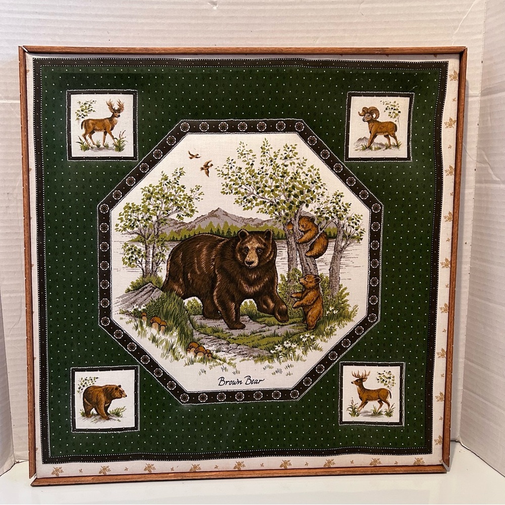 Brown bear fabric print in a 16.5x16.5 inches wood frame